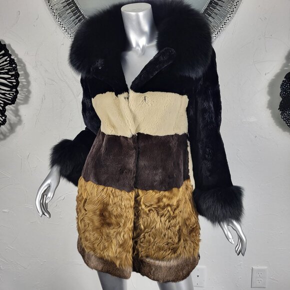 DIAGRAM~XS~BLACK ANIMAL PRINT GENUINE FOX FUR REAL CURLY LAMB MINK RABBIT COAT - Picture 1 of 16